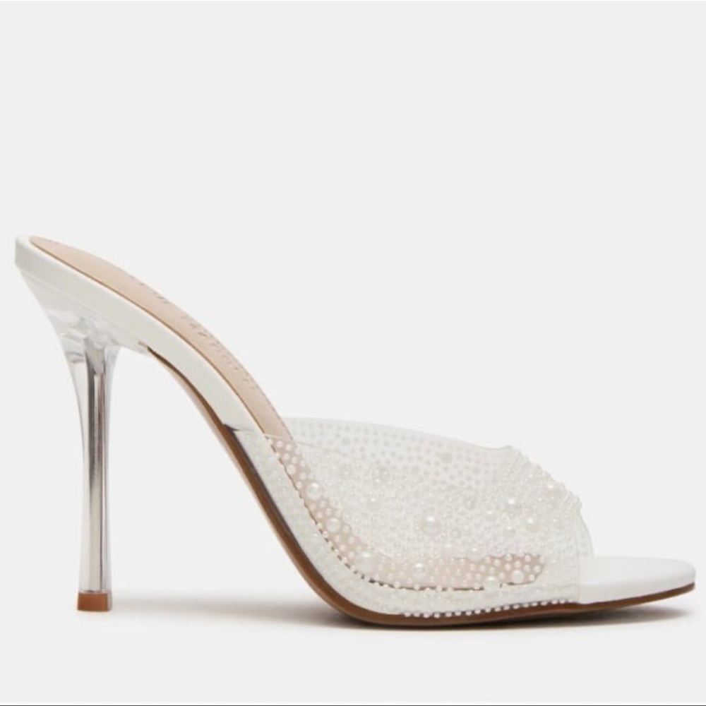 Steve Madden Peach PVC  Open Toe White Pearl Embellished Heels - Picture 3 of 9